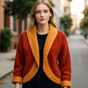 Handmade chunky knit brick/mustard bell sleeves cozy shawl collar cardigan sz L